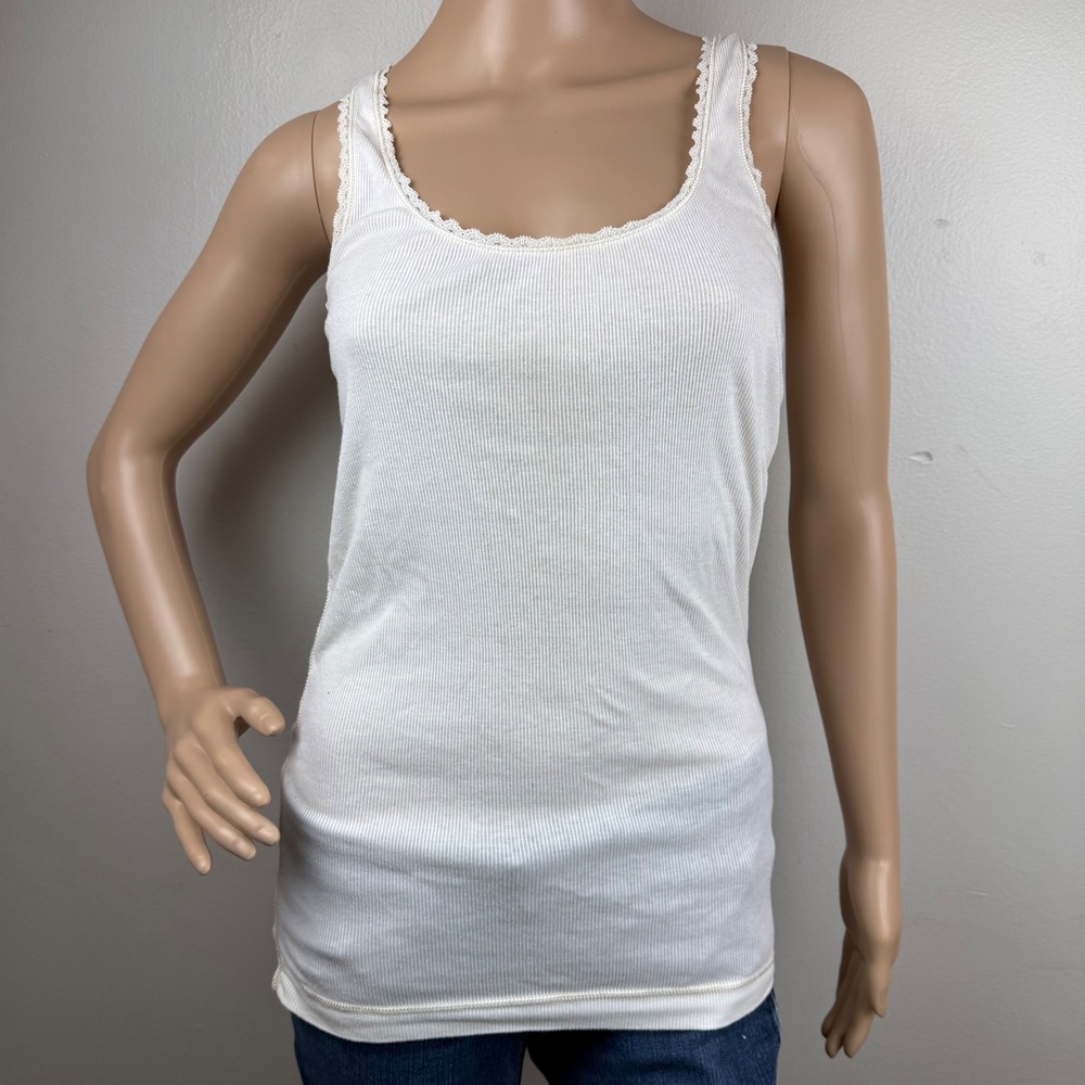 Y2K American Eagle White Ribbed Tank Top Lace Trim‎ Scoop Neck Womens M